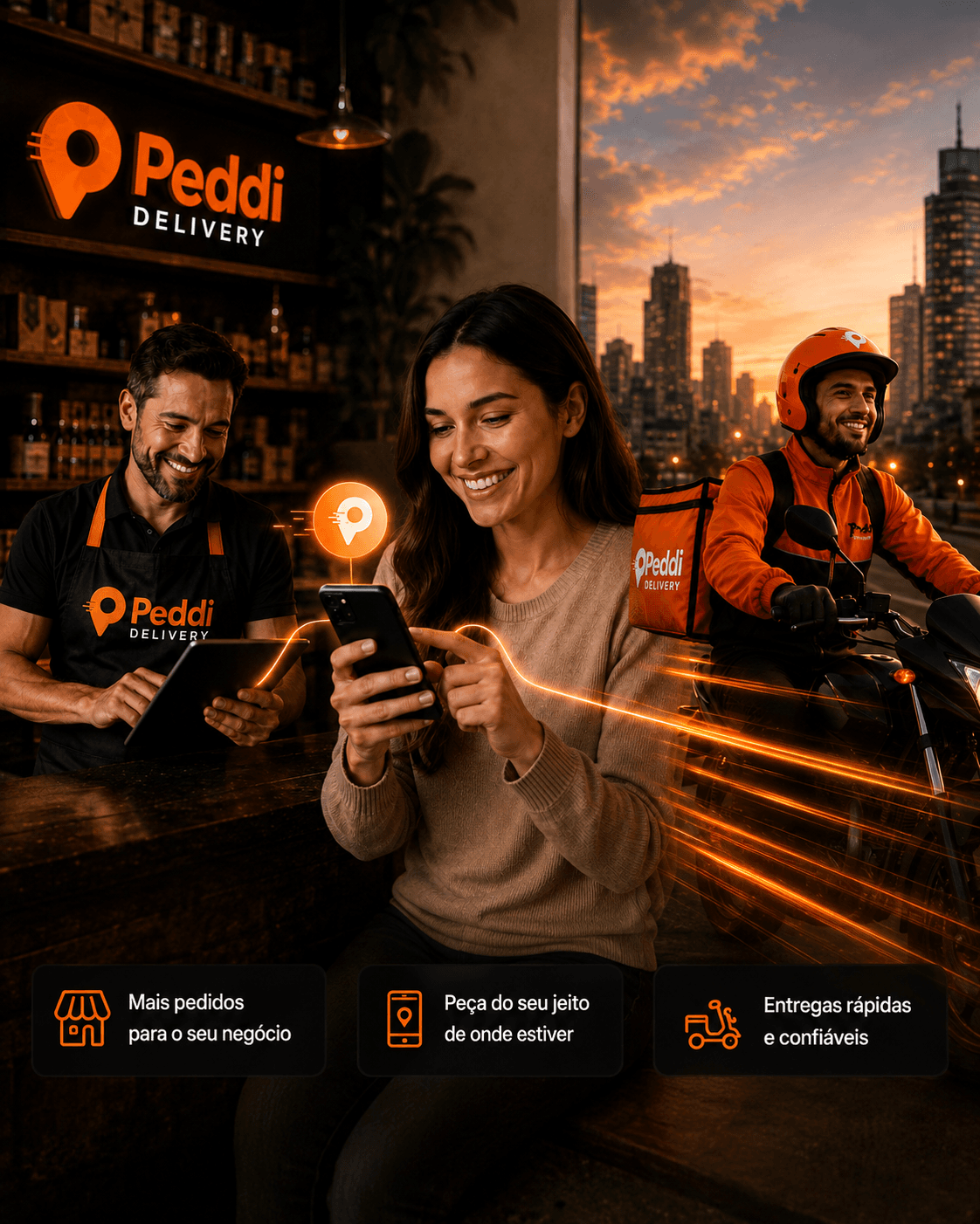 Delivery Integrado da Peddi Delivery conectando lojista, cliente e entregador